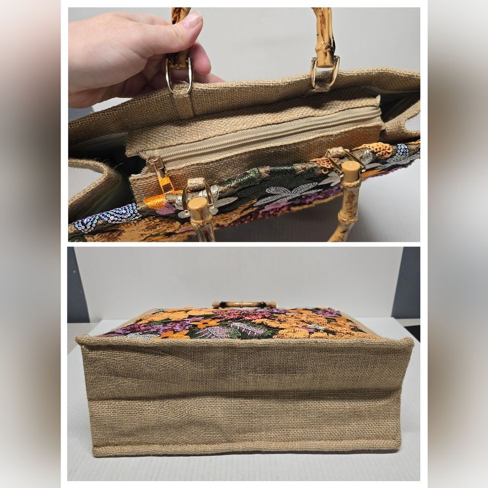 Boho Floral Embroidered Sequined Jute Summer Beach Tote Bag Colorful - Picture 4 of 9